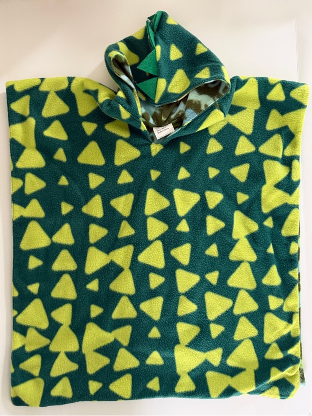 Kids Dinosaur Hooded Fleece Poncho in Dark Green and Lime
